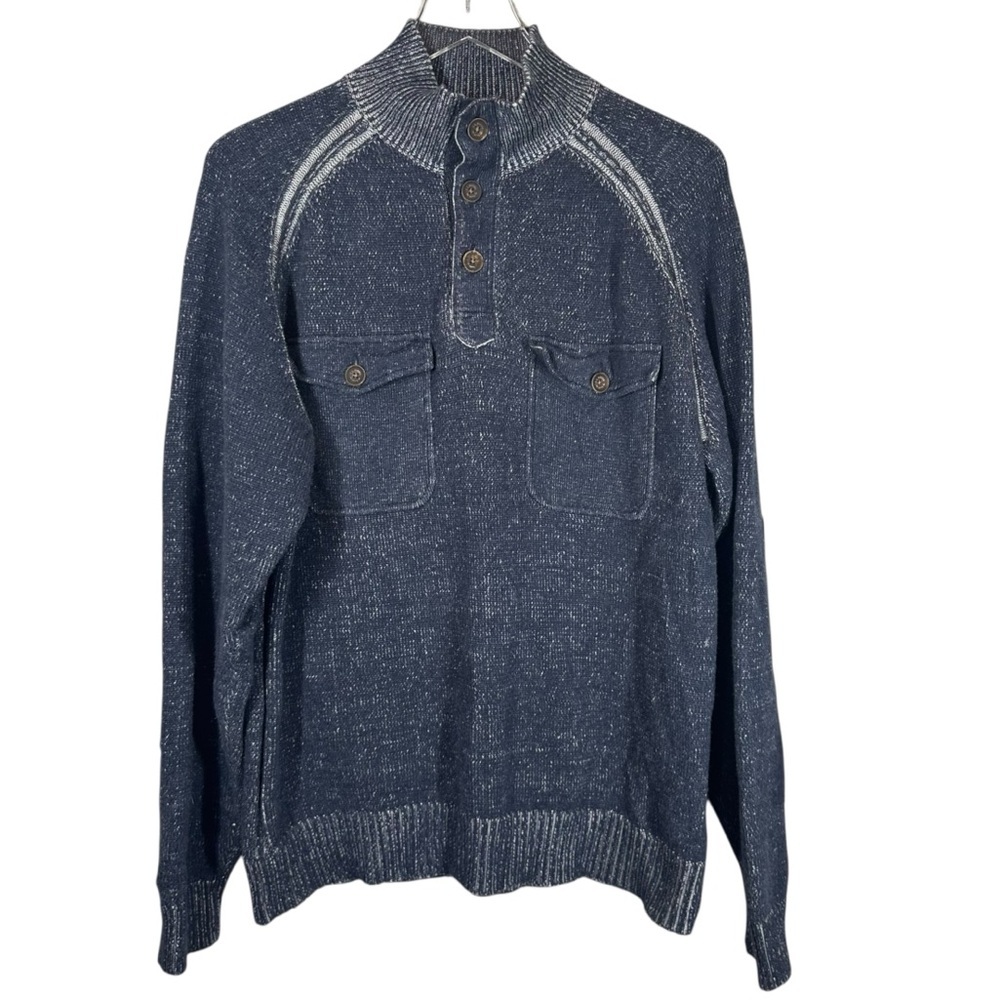 J.L.POWELL Men's Large Navy Blue Pullover Cadet Collar Heavy Cotton Sweater